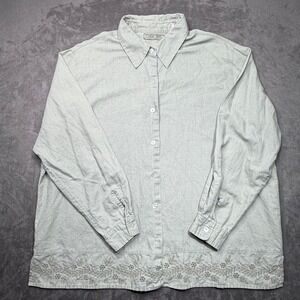 Vtg Cherokee Shirt Womens XL Sage Green Linen Cotton Blend Embroidered Button Up